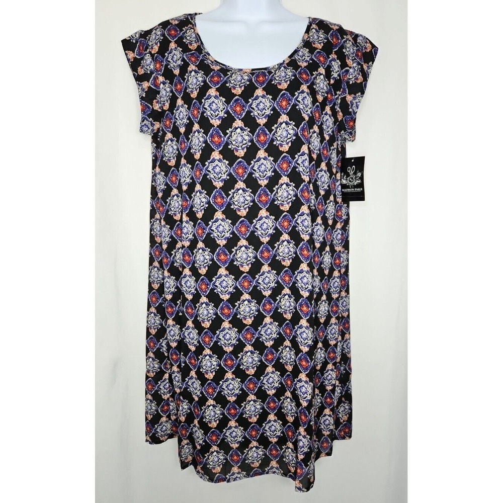Madison Paige Women's Black‎ Purple Short Sleeve Pullover Dress Size Medium NWT